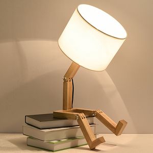 Arte nordica Lampada da tavolo a LED a forma di robot in legno Lampada da comodino moderna per soggiorno camera da letto Lampada da scrivania semplice per decorazioni da studio E14