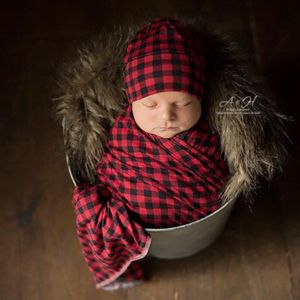 Newborn Baby Swaddling Ткань Девушки Мальчики Равоги Одеяло со шляпой 2 шт. Установите красный сетки Схема клетки для младенческой фотографии реквизиты BHB51