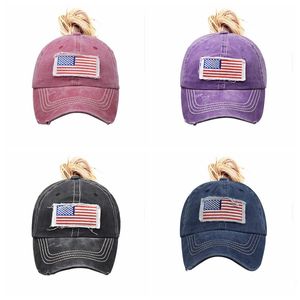 Kadın At Kuyruğu Şapkalar Amerikan Bayrağı Nakış Beyzbol Şapkası Yıkanmış Delik Net Şapka Klasikleri Top Kapaklar Ayarlanabilir Açık Spor Visor 10 Renkler WMQ1288