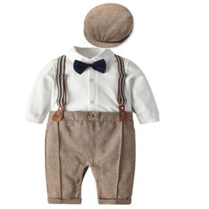 Yüksek Kaliteli Bebek Erkek Giyim Setleri Düğün Parti Beyefendi Suit Yenidoğan Yay Bodysuit + Şapka Kıyafetler Beyefendi Doğum Günü Hediyesi