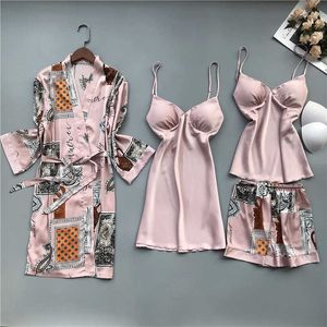 İlkbahar ve Sonbahar Pijama Kadınlar Göğüs Pad Gecelik Kayış İpek Gecelik 4 Adet Set Tops Uzun Kollu Pijama Mujer Sexy Lingerie Q0706
