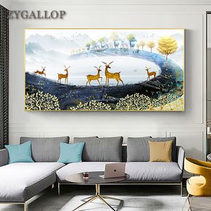 Tuval Baskı Altın Geyik Duvar Sanatı Doğal Manzara Posterler Ve Baskılar Nordic-Oturma Odası Dekor Soyut Hayvan Duvar Resimleri