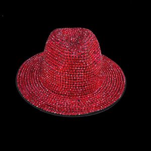 Ampla borda chapéus Red Rhinestone Fedora Unisex Hat Fedoras Jazz Party Club Homens para mulheres e Tophat de atacado