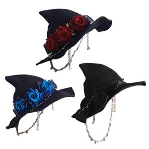Stingy Brim Şapkalar Cadılar Bayramı Şapkalar Gül Dekorasyon Ile Karanlık Gotik Tarzı Lolita Kostümleri Dekore Cadı Şapka S03 21 Bırak
