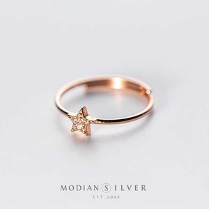 Rose Gold Farbe Twinkle Zirkon Sterne Ring für Frauen Echt 925 Sterling Silber Einfache Freie Größe Mode Schmuck Bijoux 210707