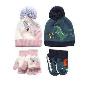 2 Renkler Bebek Çocuk Kış Sıcak Şapka Unicorn Dinozor Tasarım Beanie Tığ Sevimli Şapkalar + Eşarp Çocuk Annelik 3-8 T