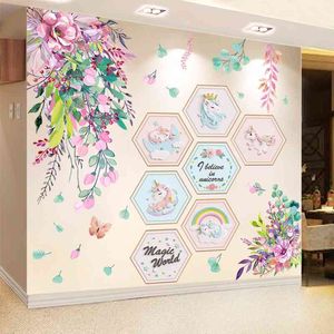 [Shijuekongjian] Цветы растения настенные наклейки DIY Unicorn животные наклейки на стену для детей комнаты детские спальни дом украшение дома 210615