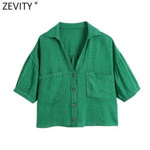 Zeveity Женская мода конфеты цвет двойных карманов Свободные белье Smock Blouse Lady Buttons короткомана шикарный кимоно Blusas Tops LS9390 210603