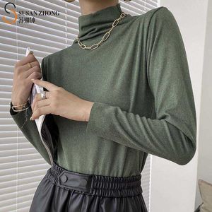 Kadın T-shirt Kadın Zarif Temel Ofis Tops Tops Kış Jersey Pamuk Yüksek Streç Mock Kaplumbağa Boyun Uzun Kollu Sıcak Renkler X0628