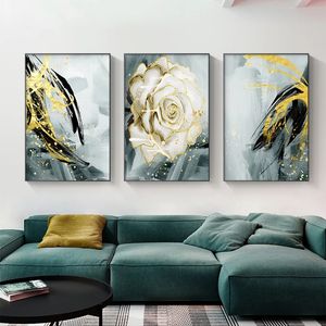 Skandinavisches Blumenposter, weiße Rose, Leinwanddruck, modernes goldgrünes Gemälde, Wandkunst, Bild für Wohnzimmer-Inneneinrichtung