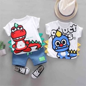 Crianças Roupas de Algodão Verão Bebê Meninos Dinossauro Modelagem O-Pescoço Camisetas Denim Shorts 2 Pçs / Conjuntos Crianças Crianças Crianças Tracksuits 210326