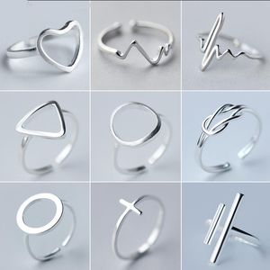 Minimalist Takı Gümüş Renk Geometrik Yüzükler Kadınlar Için Ayarlanabilir Yuvarlak Üçgen Kalp Atışı Parmak Yüzük Bague Femme