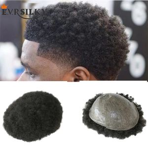 6MM Afro Kinky Curly Men Toupee Прочный мужской парик Натуральные волосы Тонкая кожа Индийские настоящие человеческие волосы Toupees Замена System Unit