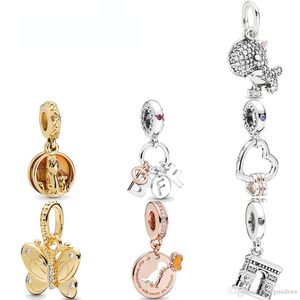 Orijinal S925 Ayar Gümüş Fit Pandora Macaron Kelebek Kolye Klasik Boncuk Aşk Kalp Mavi Turkuaz Kristal Charm Bilezik DIY Boncuk Charms için