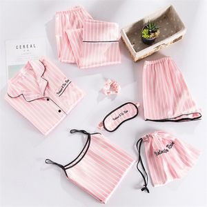 Pembe Çizgili Pijama Ipek Saten Femme Pijama Set 7 Parça / Set Dikiş Lingerie Robe Pijama Pijama Anne PJS KPacotakowka 210809