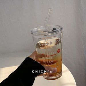 Бокалы для бокалов Корейский ins стиль соломенный чашка большая емкость простая буква стеклянная кофе завтрак воды с крышкой милый