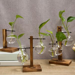 Creative Terrarium Hydroponic Plant Vases Flower Pot Transparent Vase Wooden Frame Glass Tabletop Plants Home Bonsai Decor Planters & Pots