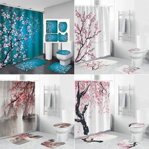 Duş Perdeleri Erik Çiçeği Baskılı Banyo Perde Seti Kaymaz Halılar Tuvalet Kapağı Kapak ve Banyo Mat Halı Çiçek Setleri