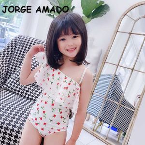 Korean Style Summer Teenagers Girls Swimwear 1-Pcs Sets Floral Ruffles Shoulderless Swimsuit Children Clothes E1028 210610