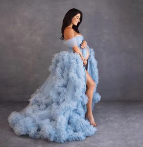 Tozlu Mavi Ruffled Tül Gelinlik Modelleri Annelik Kıyafeti Omuz Kapalı Kabarık Uzun Gebelik Photoshoot Elbise Ekstra Kabarık Fotoğraf Elbiseleri