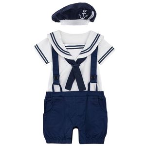 Doğan Bebek Erkek Kız Sailor Donanma Tarzı Romper Toddler Cadılar Bayramı 100% Pamuk Askılı Tulum Bebek Parantezi ile Şapka Playsuit 211101