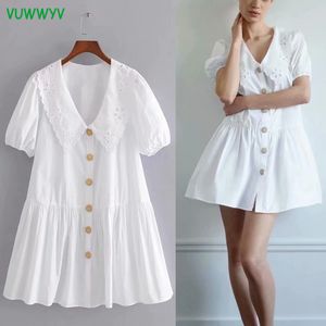 White Lace Dress Mulher Plus Size Botão Up Vestidos Mulheres Verão Verão Manga Curta Plissada Mini Party Senhoras Casual 210430