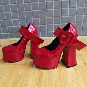 Kadın bayanlar patent deri süper 15cm yüksekliğinde topuk ayakkabılar 4.5 cm platform pompalar tek satır çam kek kalın dip seksi dans partisi düğün toka elbise evlenir jane kırmızı