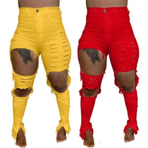 S-4XL amarelo vermelho casual jeans rasgados para mulheres outono cintura alta plus size denim calça calcinha elástica calças oca 211129