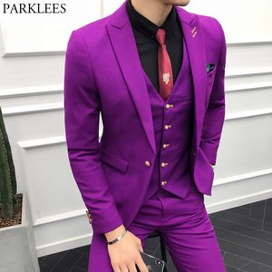 3 adet Erkekler Mor Elbise Takım Marka Slim Fit Düğün Damat Smokin Suits Erkek Yüksek Kalite İş Resmi Terno Masculino 210522