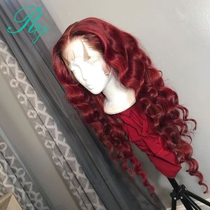 Парик фронта шнурка красной глубокой волны длинный средний синтетический парик для женщин предварительно выщипанный с естественной линией роста волос
