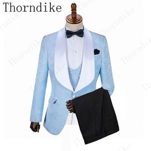 Thorndike Erkek Moda Büyük Şal Yaka 3 Parça Set Pembe Kırmızı Mavi Beyaz Düğün Damat Suits Kalite Jakarlı Ziyafet Smokin Erkek Blazers