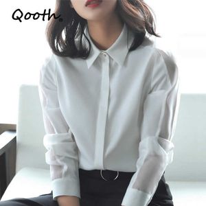 Qooth şifon gevşek tasarım gömlek kadın uzun kollu artı boyutu batı tarzı zarif ofis bayan 3XL üstleri QT557 210609