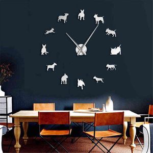 DIY grande relógio de parede bullterrier cão arte de parede cão raça pug relógio relógio de relógio animal de estimação loja de decoração para touro terrier amantes H1230