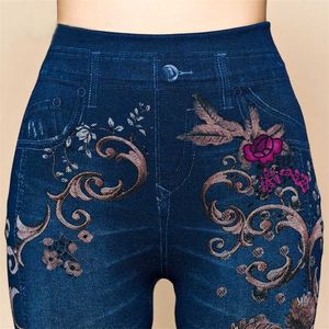 Mulheres Flores Impresso Jeans Leggings Outono Slim Algodão Alta Cintura Jeggings Senhoras Fake Calças Legência 211215