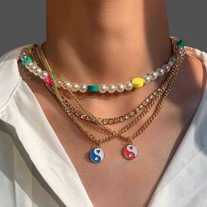 Многоцветное ожерелье для женщин с фруктами мягкой гончарной гончарной гончарной ожерелью ретро имитация жемчужный акриловый кристалл клавишевая цепочка G1206