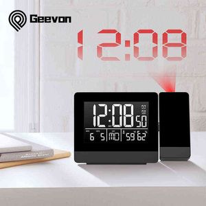 Geevon Projection Clock With Temperature And Humidity Table Watch USB Digital LED Date Snooze Function Projector Alarm Clocks 211111
