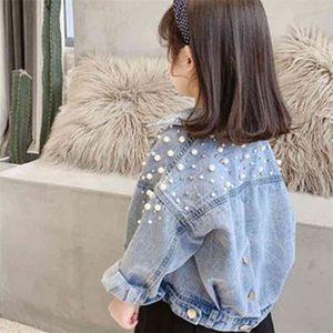 Pearls Beading Kids Denim Jacket For Girls Fashion Coats Children Clothing Autumn Baby Clothes Outerwear Jean Jackets Coat 210913