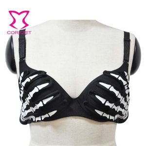 Siyah beyaz iskelet eller desenli punk gotik sütyen kadınlar için push up sutyen seksi bralette üst brassiere femme gece kulübü x0726