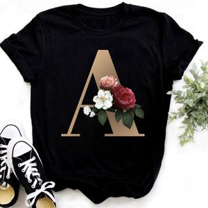 Combinação de letras com nome personalizado Moda feminina camiseta com letra de flor fonte A B C D E F G blusas de manga curta pretas roupas