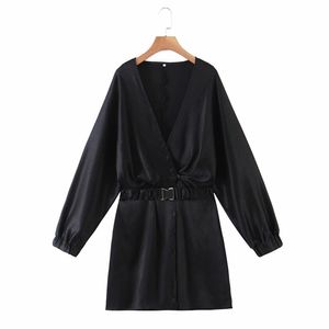 Zarif Kadın Siyah V Boyun Kemer Şifon Mini Elbise Bahar Moda Bayanlar Sıkı A-line ES Kadın Casual 210515