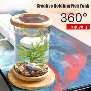 Aquariums 360 Degree Rotating Glass Betta Fish Tank Bamboo Base Mini Decoration Rotate Bowl Aquarium Accessories For Office279d