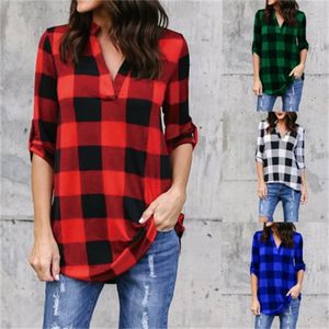 Yeni Rahat Kırmızı Ekose Kadın Bluzlar Siyah Kırmızı Kontrol Erkek Arkadaşı Stil Gömlek Gevşek Camisa Sonbahar 5XL Artı Boyutu X0521 Tops