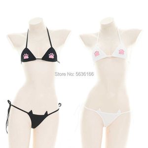 Seksi Bikini Küçük Bardaklar Sexycutut Kedi Pençe Baskı Iç Çamaşırı Suits Fit Geniş Aralığı Boyutları Pamuk Siyah Beyaz Mikro Lingerie Y0911