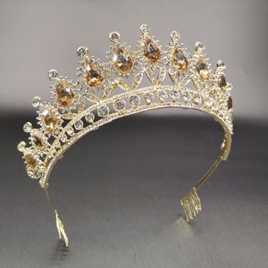 Блестящие кристаллы Bridal Churedieces старинные барочные королевы шампанского горный хрусталь золотая корона и тиары с гребенью свадьба волос ювелирных изделий аксессуары для женщин девушек