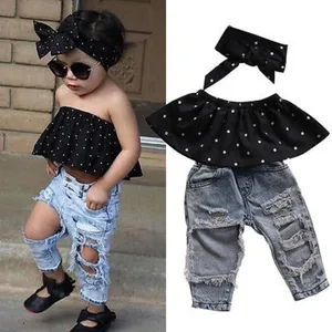 0-3Y Yaz Moda Yürüyor Giysileri Bebek Kız Nokta Kolsuz Tops + Delik Kot Kıyafetler Rahat 3 adet Giyim Seti