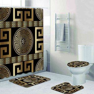 Conjunto de cortinas de banheiro de luxo 3D preto dourado com chave grega Meandro, conjunto de cortina de chuveiro para banheiro moderno geométrico ornamentado decoração de tapete de banho 211115