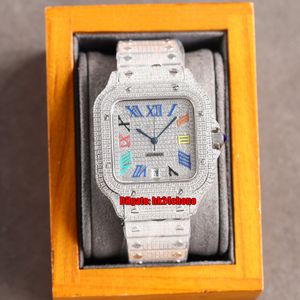 Роскошные часы 40 мм FUL CLED OUT на заказ на заказ Diamonds ETA2824 автоматические мужские часы Pavé Diamond окрашенные номера циферблаты из нержавеющей стали браслет браслет наручные часы