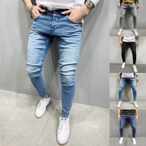 Jeans masculinos puimentiua homens cintura elástica trecho magro rasgado calças streetwear homens denim azul