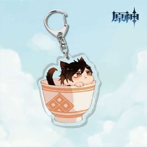 Anime Genshin Etkisi Sevimli Çay Fincanı Kedi Şekli Zhongli Diluc Venti Erkek Karakter Anahtarlık Taban Akrilik Fanlar için Anahtarlık Hediye Standları G1019
