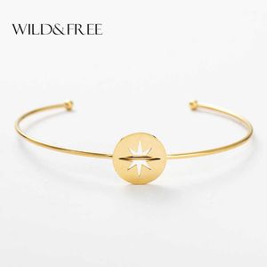 Wildfree Boho Estilo Hollow Out Star Heart Bangles Aberto para Mulheres Ouro Aço Inoxidável Sun Cuff Bangle Moda Jóias Atacado Q0719